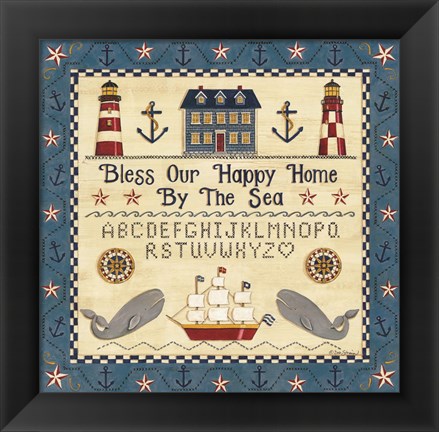 Framed Bless our Happy Home by the Sea Sampler Print