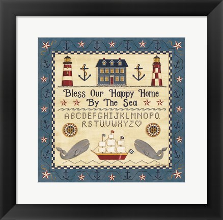 Framed Bless our Happy Home by the Sea Sampler Print