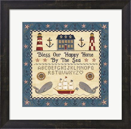 Framed Bless our Happy Home by the Sea Sampler Print