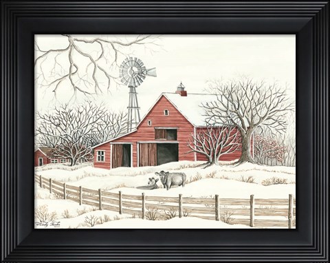 Framed Winter Barn with Windmill Print