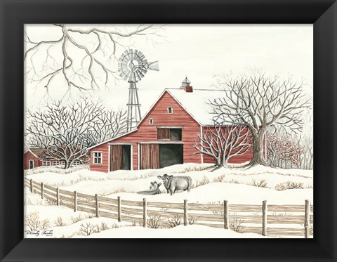 Framed Winter Barn with Windmill Print