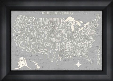 Framed Hand Lettered USA Map Gray Print