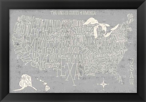 Framed Hand Lettered USA Map Gray Print