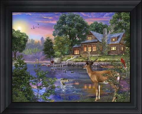 Framed White Tail Deer Lakehouse Print
