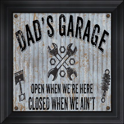 Framed Dads Garage On Sheet Metal Print