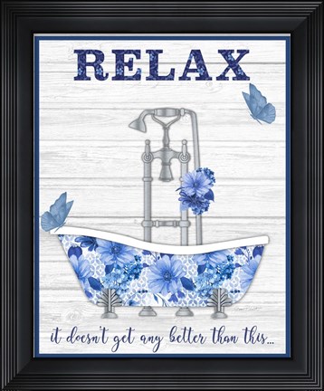Framed Blue Floral Bath Art A Print