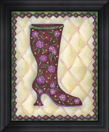 Framed Boots Magenta With Roses With Leaves Print