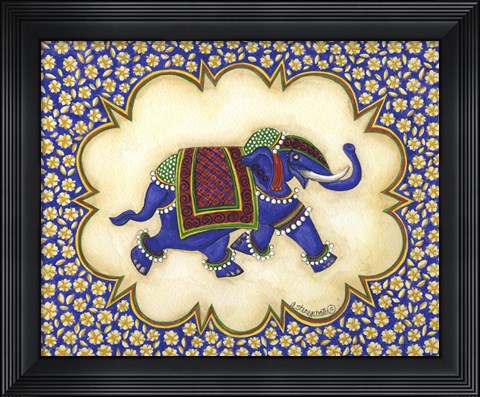 Framed Elephant Cartouche facing right Print
