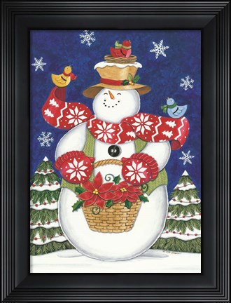 Framed Snowman with Poinsettias Print