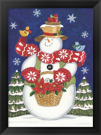 Framed Snowman with Poinsettias Print